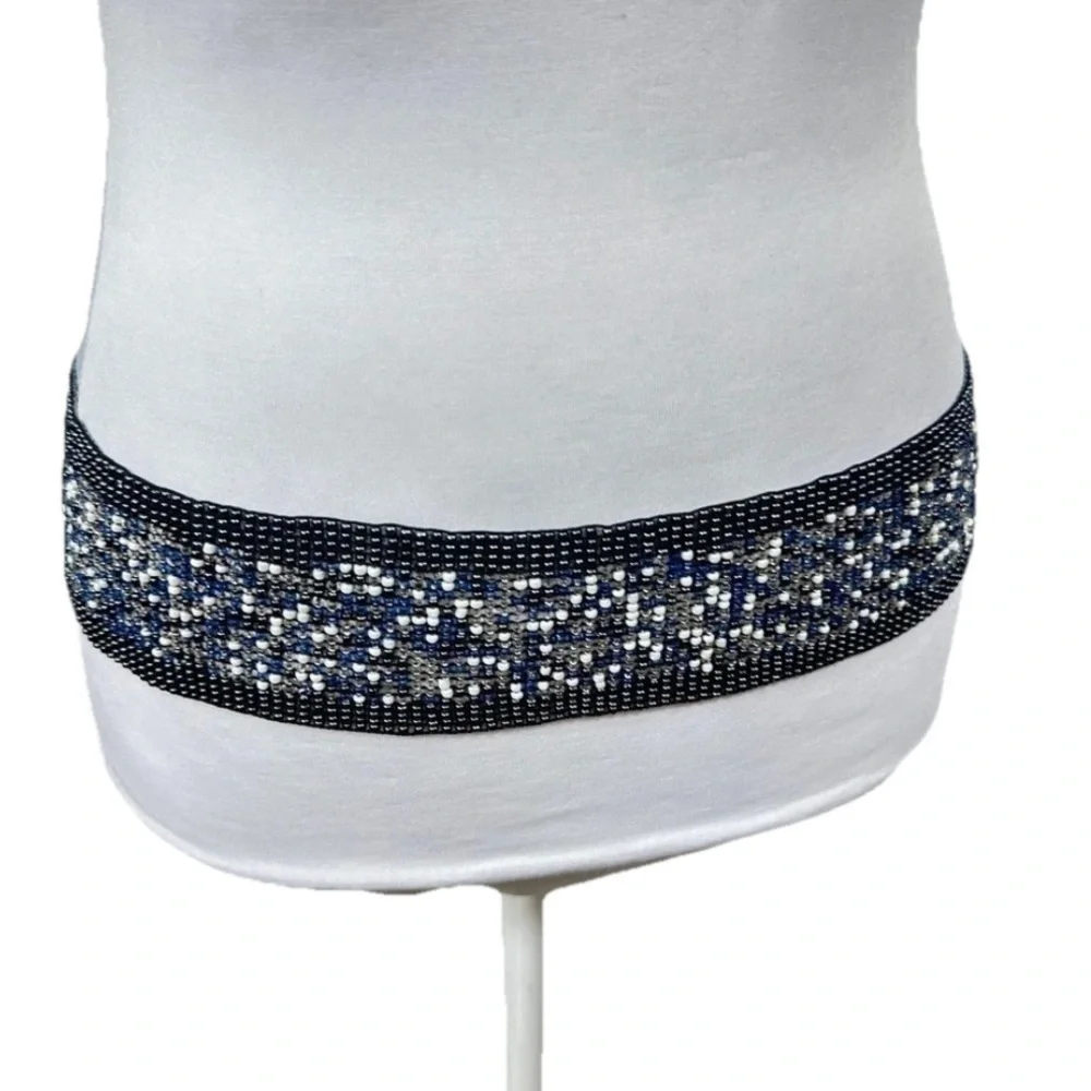 Chico's Blue & White Beaded Stretchy Belt - Large Festival Boho